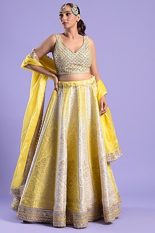 Yellow & Ivory Banarasi Embellished Lehenga Set by Two Sisters By Gyans