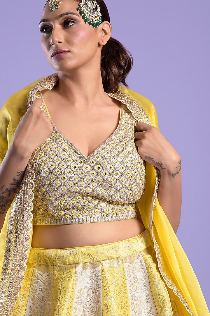 Yellow & Ivory Banarasi Embellished Wedding Lehenga Set by Two Sisters By Gyans at Pernia's Pop Up Shop