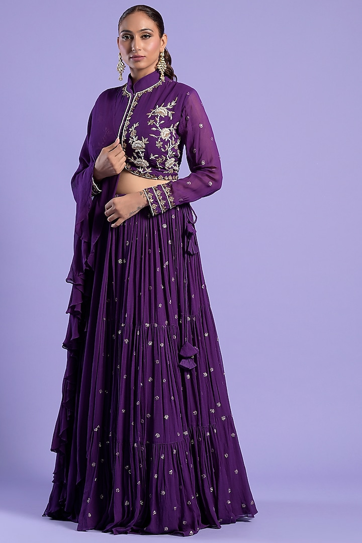 Purple Georgette Embellished Lehenga Set by Two Sisters By Gyans