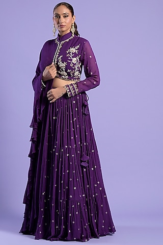 Purple Georgette Embellished Lehenga Set by Two Sisters By Gyans