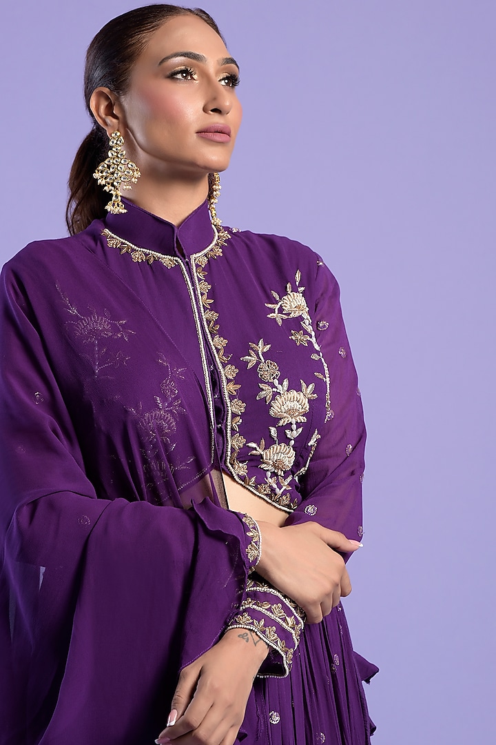 Purple Georgette Embellished Wedding Lehenga Set by Two Sisters By Gyans at Pernia's Pop Up Shop