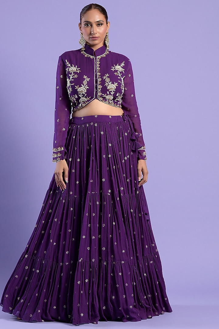 Purple Georgette Embellished Wedding Lehenga Set by Two Sisters By Gyans at Pernia's Pop Up Shop