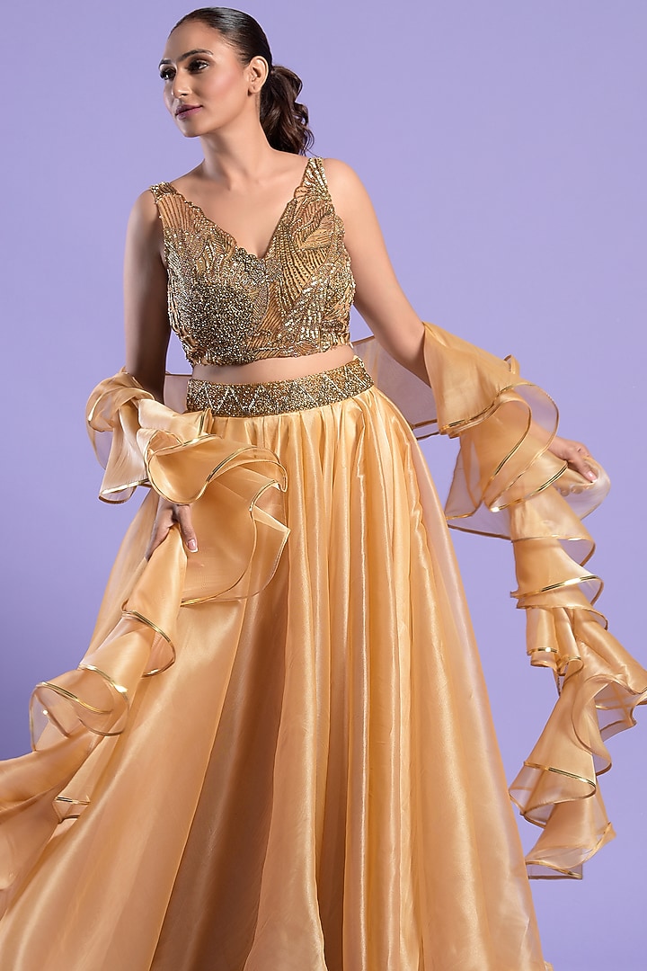 Gold Organza Embellished Kalidar Wedding Lehenga Set by Two Sisters By Gyans at Pernia's Pop Up Shop