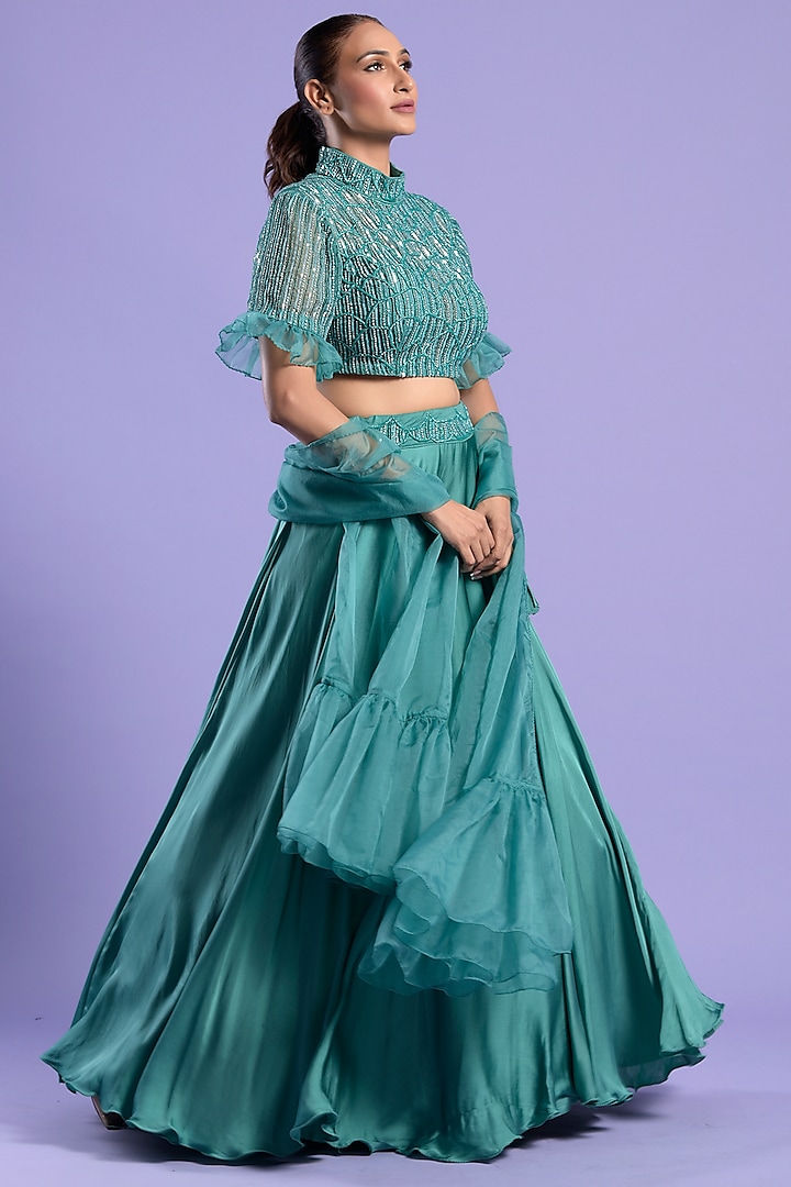 Mint Blue Silk Embellished Lehenga Set by Two Sisters By Gyans