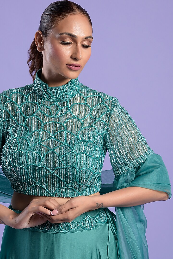 Mint Blue Silk Embellished Wedding Lehenga Set by Two Sisters By Gyans at Pernia's Pop Up Shop