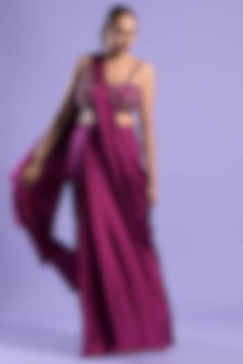 Purple Silk Embroidered Draped Saree Set by Two Sisters By Gyans