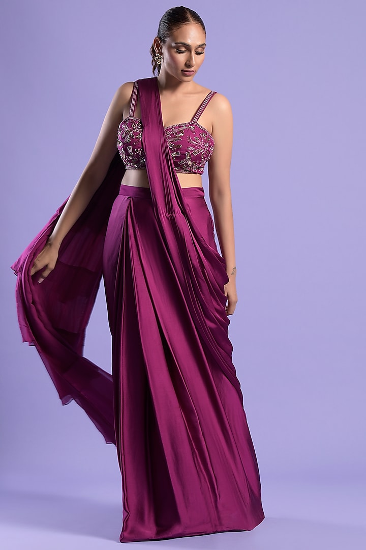 Purple Silk Embroidered Draped Saree Set by Two Sisters By Gyans