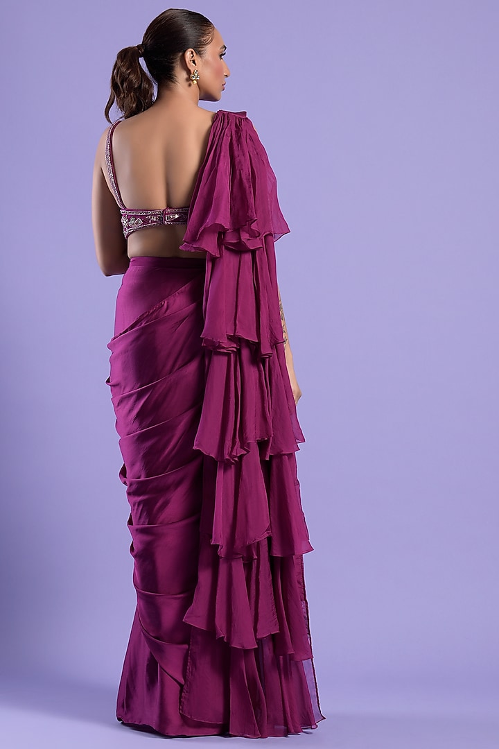 Purple Silk Embroidered Draped Wedding Saree Set by Two Sisters By Gyans at Pernia's Pop Up Shop