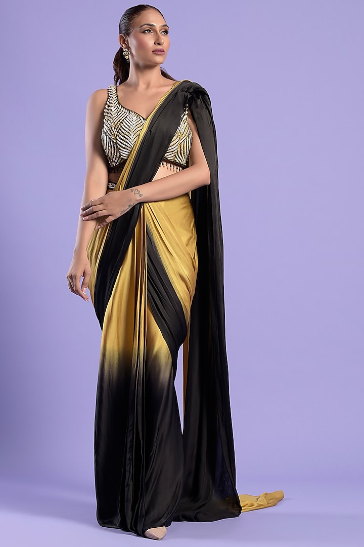 Yellow & Black Ombre Satin Silk Draped Saree Set by Two Sisters By Gyans