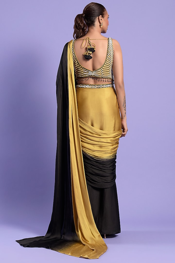 Yellow & Black Ombre Satin Silk Draped Wedding Saree Set by Two Sisters By Gyans at Pernia's Pop Up Shop