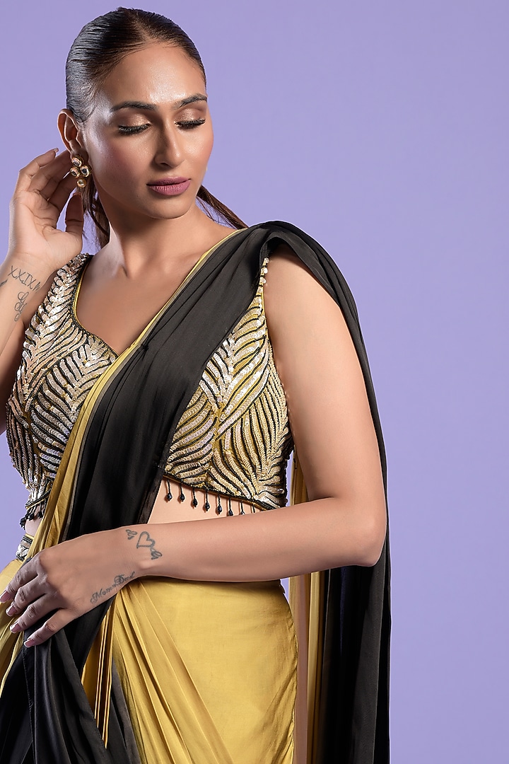 Yellow & Black Ombre Satin Silk Draped Wedding Saree Set by Two Sisters By Gyans at Pernia's Pop Up Shop
