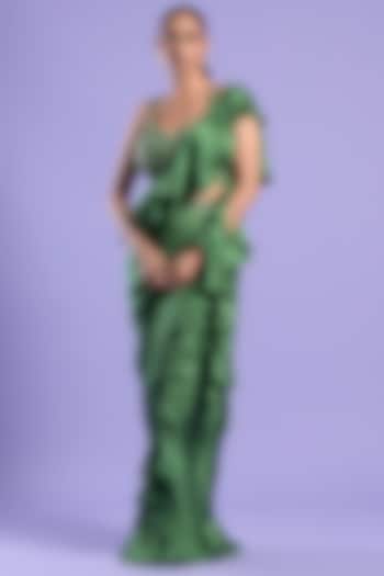 Green Satin Embellished Draped Saree Set by Two Sisters By Gyans