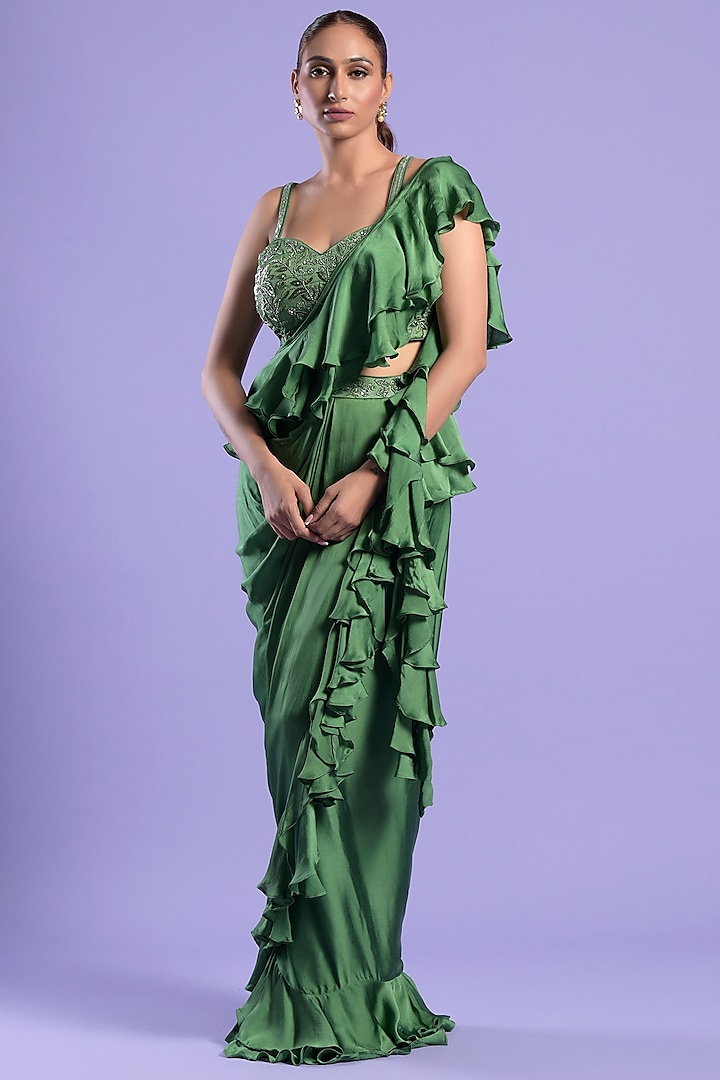 Green Satin Embellished Draped Saree Set by Two Sisters By Gyans