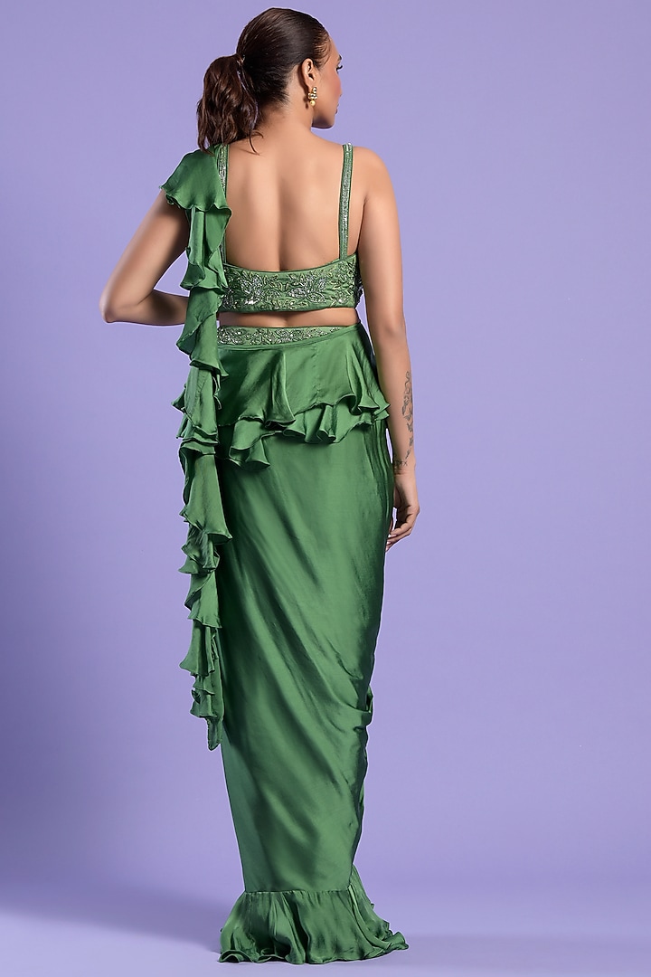 Green Satin Embellished Draped Wedding Saree Set by Two Sisters By Gyans at Pernia's Pop Up Shop