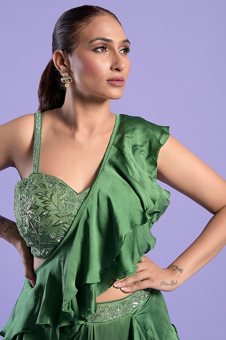 Green Satin Embellished Draped Wedding Saree Set by Two Sisters By Gyans at Pernia's Pop Up Shop