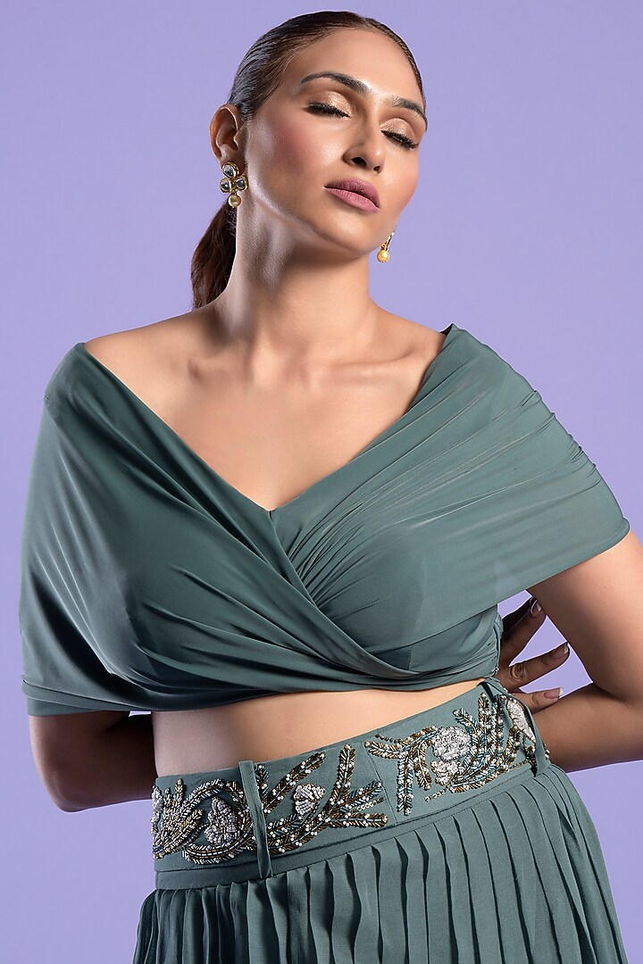 Green Satin Embellished Skirt Set by Two Sisters By Gyans at Pernia's Pop Up Shop