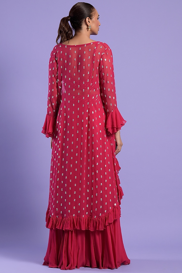 Fuchsia Pink Georgette Embellished Cape Set by Two Sisters By Gyans at Pernia's Pop Up Shop
