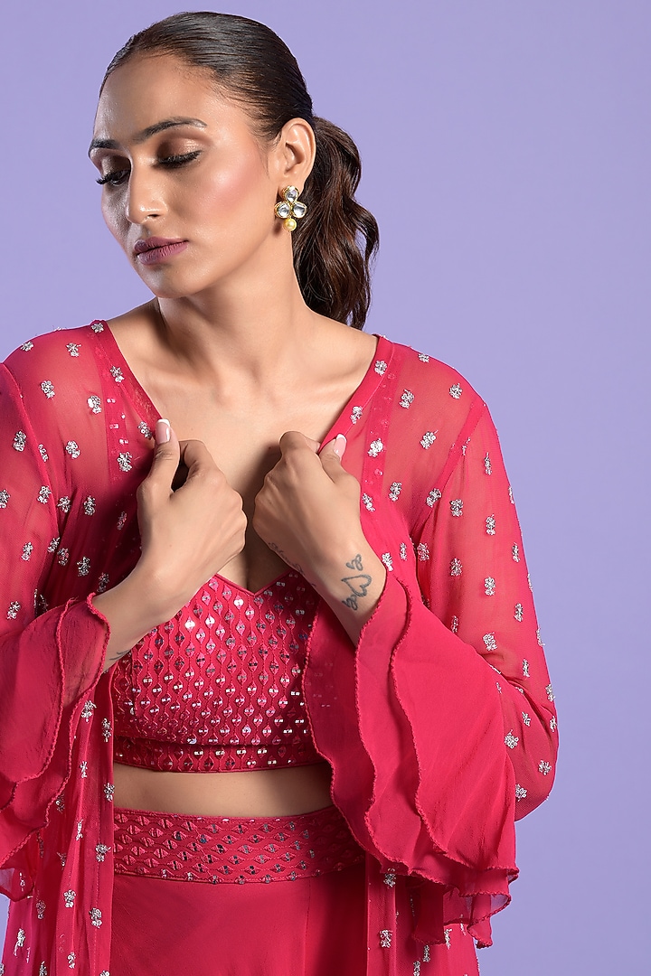 Fuchsia Pink Georgette Embellished Cape Set by Two Sisters By Gyans at Pernia's Pop Up Shop