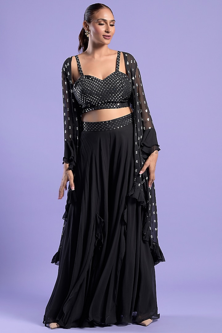 Black Georgette Embellished Cape Set by Two Sisters By Gyans