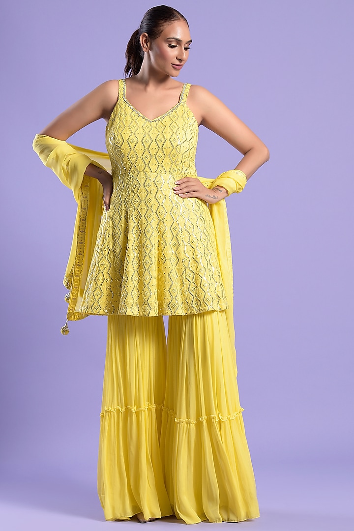Yellow Georgette Gharara Set by Two Sisters By Gyans