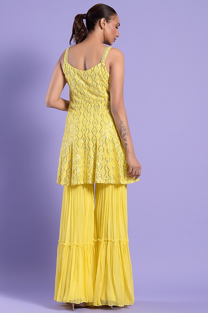 Yellow Georgette Gharara Set by Two Sisters By Gyans at Pernia's Pop Up Shop