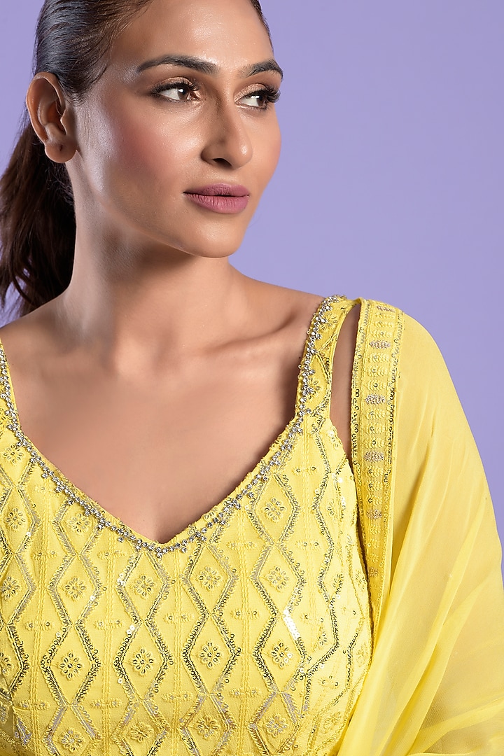 Yellow Georgette Gharara Set by Two Sisters By Gyans at Pernia's Pop Up Shop