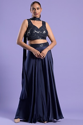 Blue Satin Embellished Palazzo Pant Set by Two Sisters By Gyans