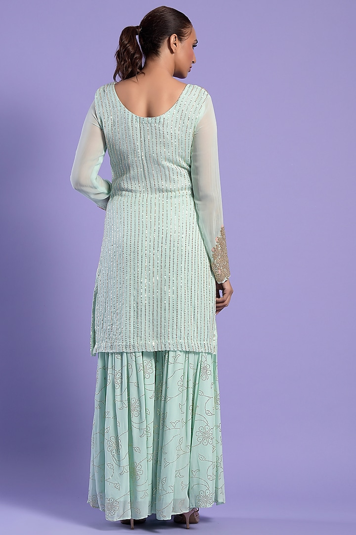 Pista Green Georgette Gharara Set by Two Sisters By Gyans at Pernia's Pop Up Shop