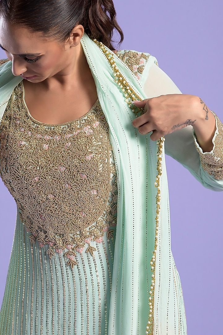 Pista Green Georgette Gharara Set by Two Sisters By Gyans at Pernia's Pop Up Shop
