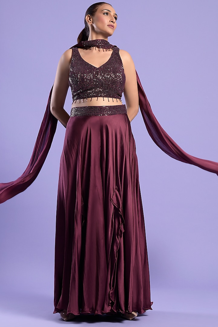 Wine Crepe Silk Palazzo Pant Set by Two Sisters By Gyans