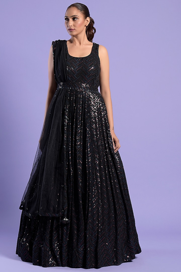 Black Georgette Embellished Anarkali Set by Two Sisters By Gyans at Pernia's Pop Up Shop