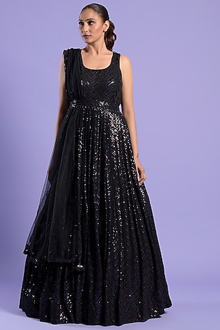 Black Georgette Embellished Anarkali Set by Two Sisters By Gyans