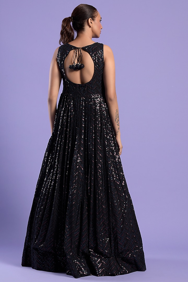 Black Georgette Embellished Party Wear Anarkali Set by Two Sisters By Gyans at Pernia's Pop Up Shop