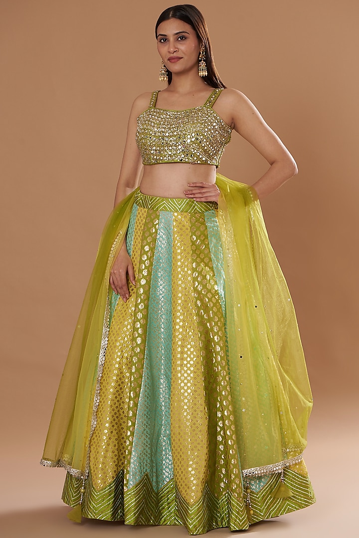 Multi-Colored Banarasi Chanderi Embroidered Lehenga Set by Two Sisters By Gyans
