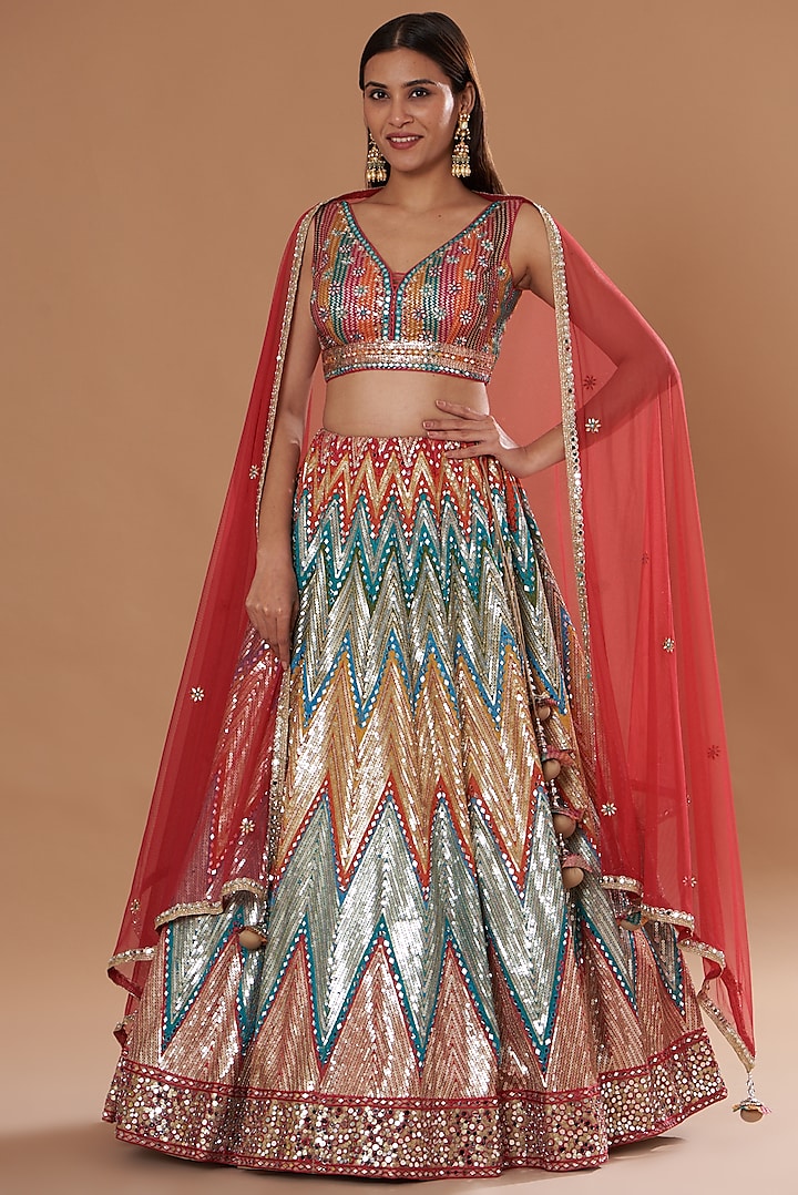 Multi-Colored Soft Net Embroidered Lehenga Set by Two Sisters By Gyans