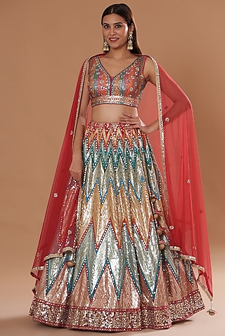 Multi-Colored Soft Net Embroidered Lehenga Set by Two Sisters By Gyans