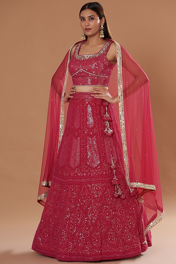 Hot Pink Georgette Chikan Embroidered Lehenga Set by Two Sisters By Gyans