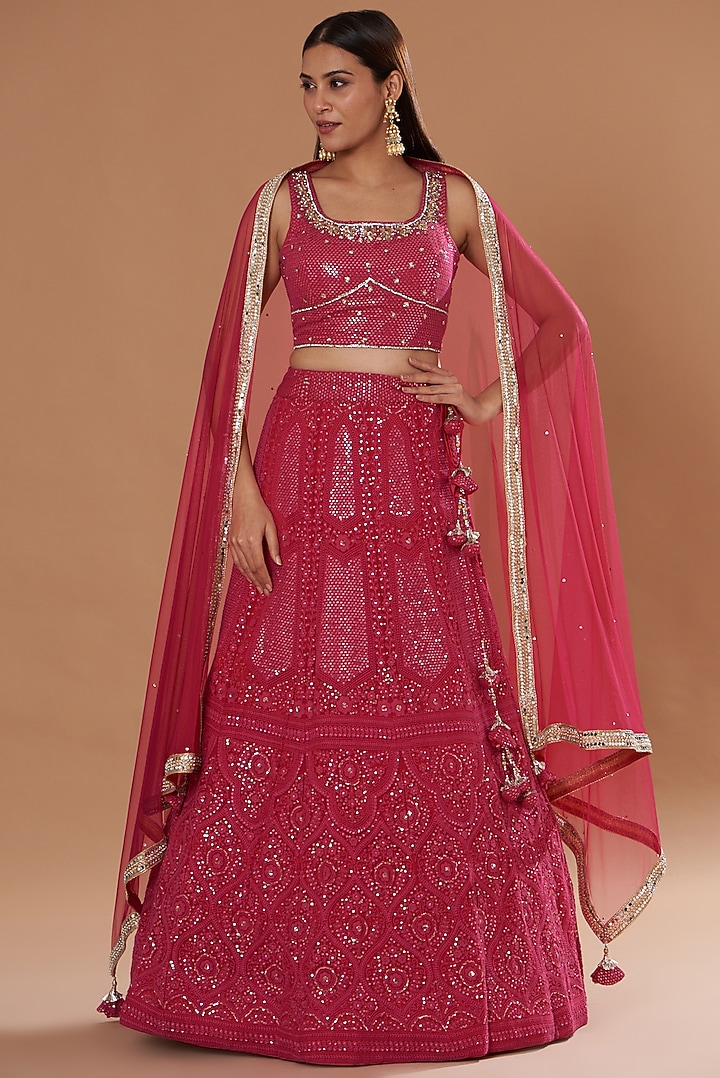 Hot Pink Georgette Chikan Embroidered Wedding Lehenga Set by Two Sisters By Gyans at Pernia's Pop Up Shop