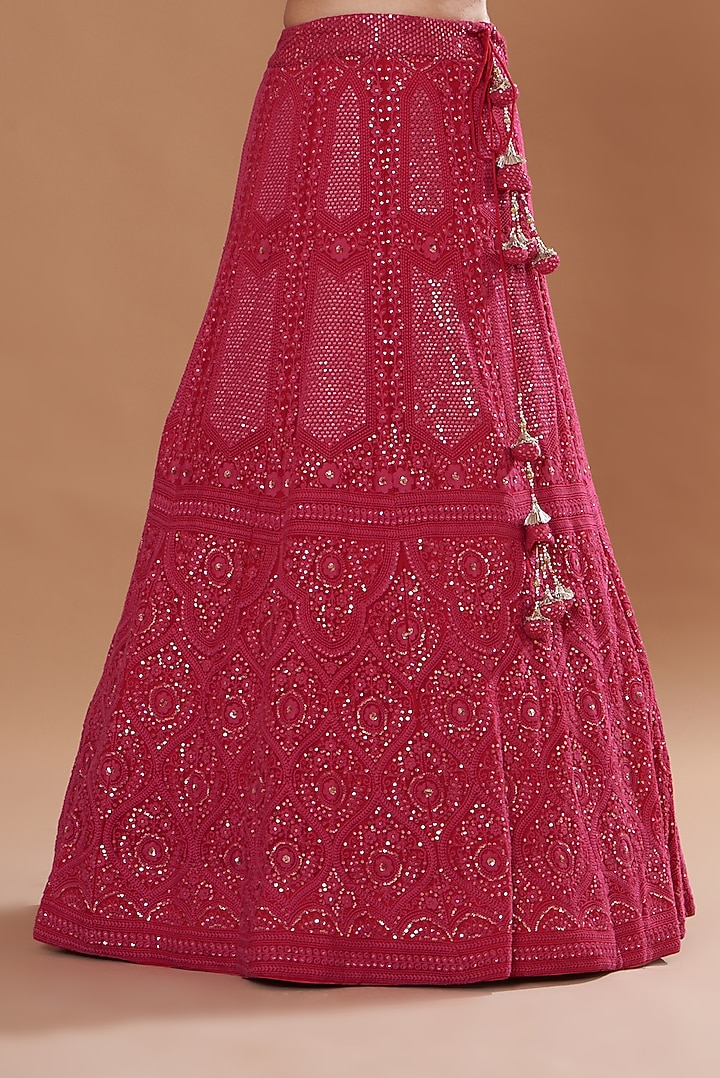 Hot Pink Georgette Chikan Embroidered Wedding Lehenga Set by Two Sisters By Gyans at Pernia's Pop Up Shop