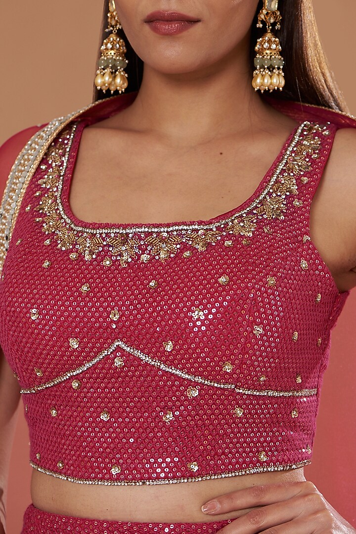 Hot Pink Georgette Chikan Embroidered Wedding Lehenga Set by Two Sisters By Gyans at Pernia's Pop Up Shop