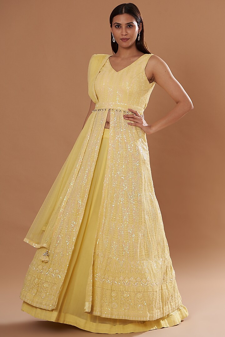 Lemon Yellow Georgette Chikan Embroidered Anarkali Set by Two Sisters By Gyans