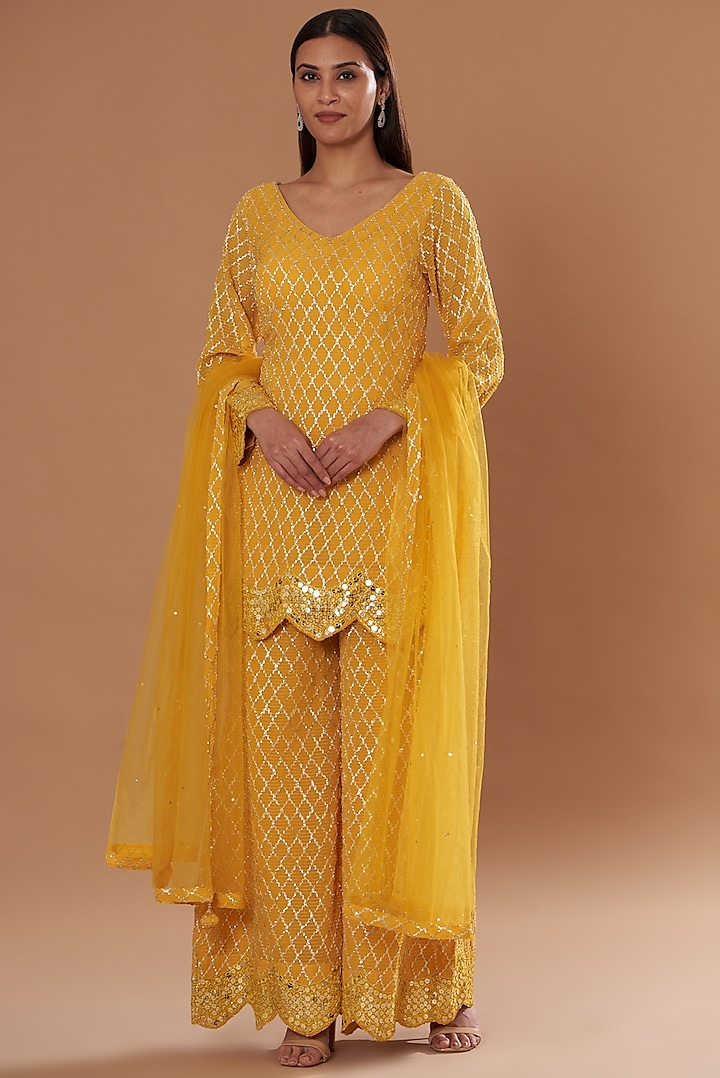 Haldi Yellow Georgette Embroidered Sharara Set by Two Sisters By Gyans