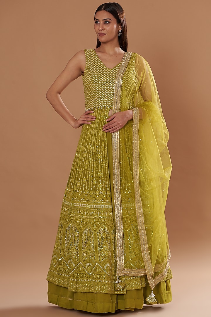 Green Georgette Chikan Embroidered Kurta Set by Two Sisters By Gyans