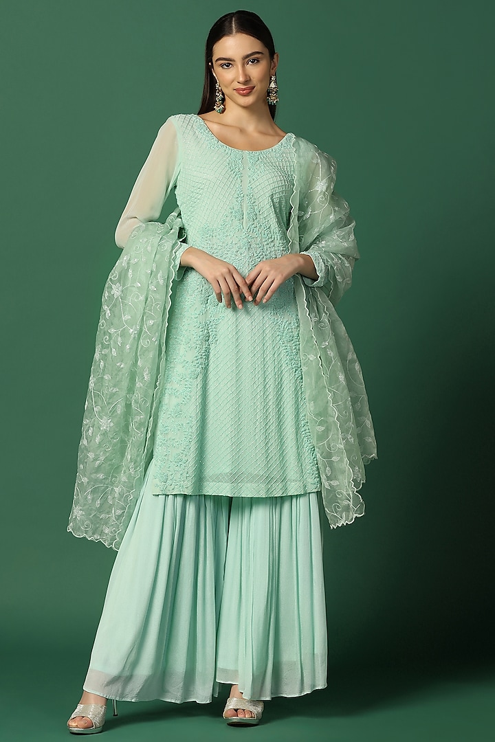 Mint Green Georgette Sharara Set by Two Sisters By Gyans