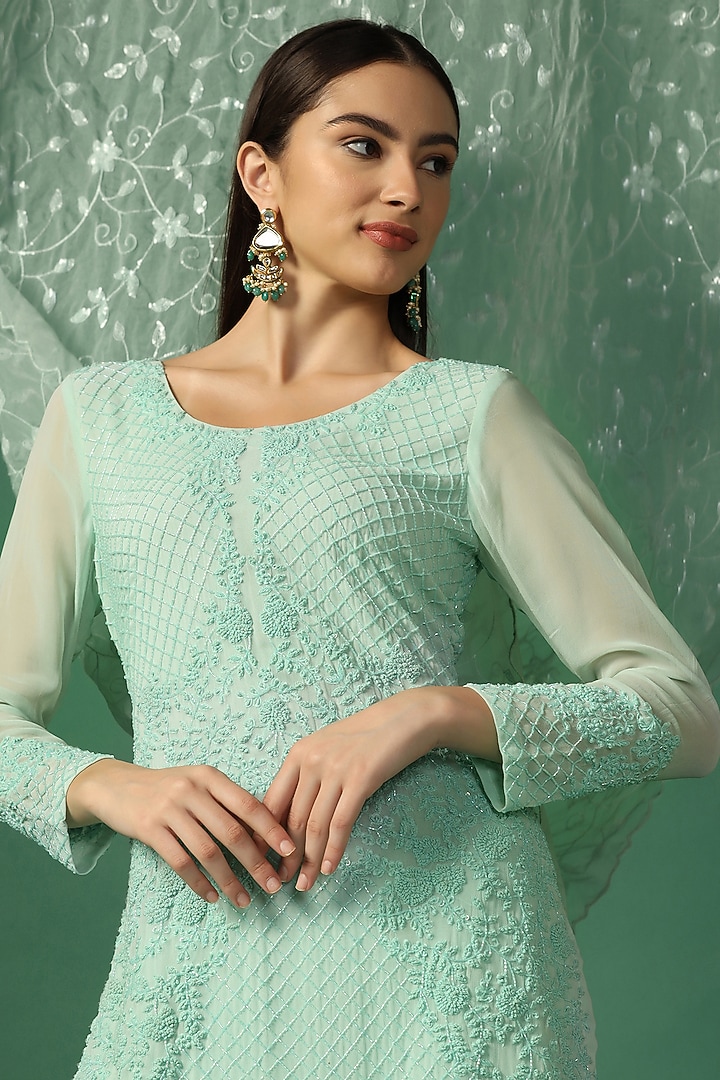 Mint Green Georgette Wedding Sharara Set by Two Sisters By Gyans at Pernia's Pop Up Shop