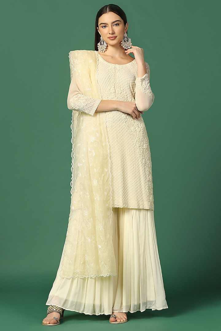 Cream Georgette Sharara Set by Two Sisters By Gyans