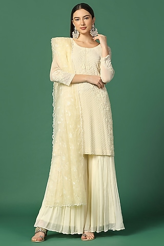 Cream Georgette Sharara Set by Two Sisters By Gyans