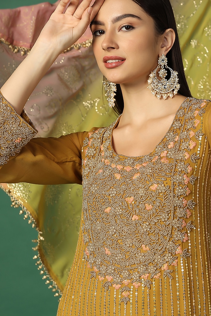 Yellow Georgette Bridal Sharara Set by Two Sisters By Gyans at Pernia's Pop Up Shop