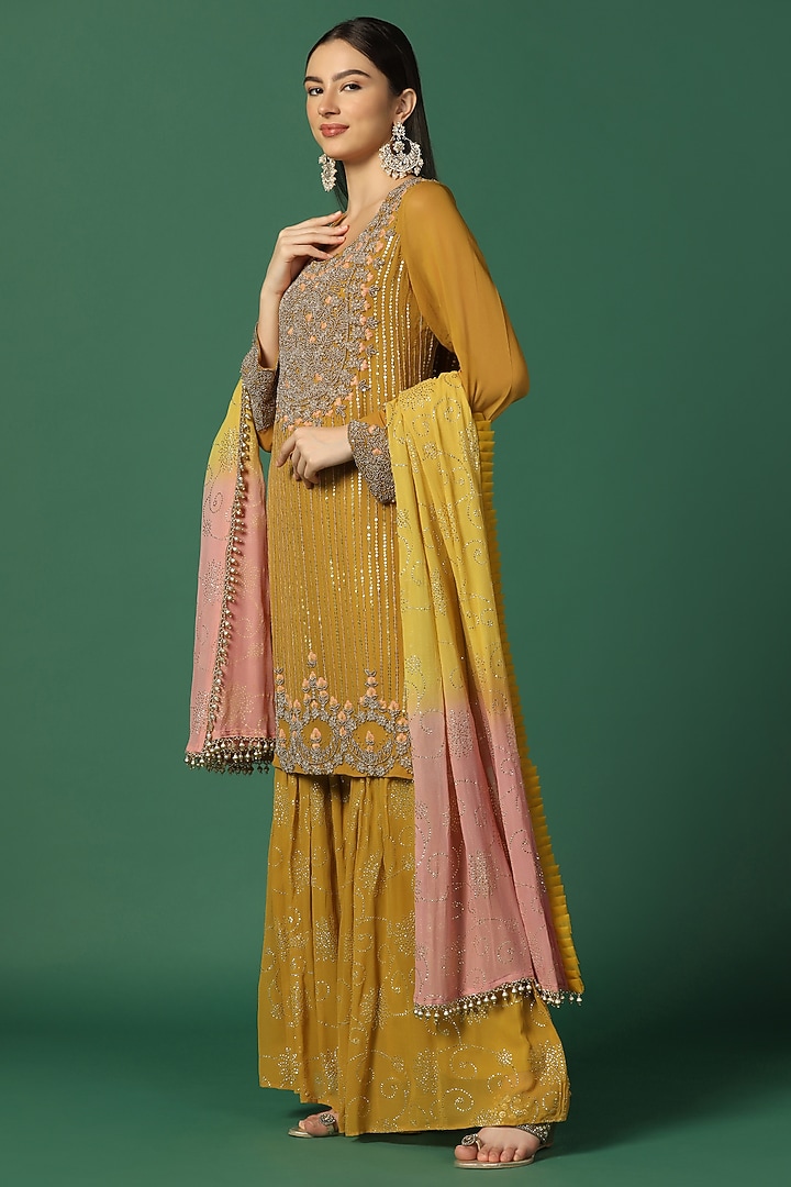 Yellow Georgette Bridal Sharara Set by Two Sisters By Gyans at Pernia's Pop Up Shop