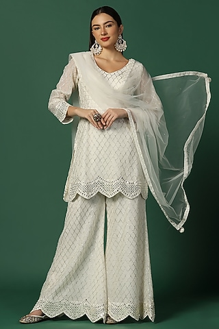 Cream Georgette Sharara Set by Two Sisters By Gyans